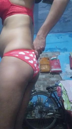 Young Indian Femboy Wearing His Step Sister's Red Bra and Panties While Jerking His Phimosis Dick Until Cum
