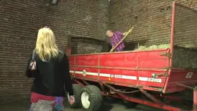 Farmer's wife gets her pussy licked and fucked by a dildo on the farm