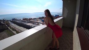 Russian Hottie in Red Dress Sucks & Fucks in Public POV, Takes Load in Mouth on Balcony