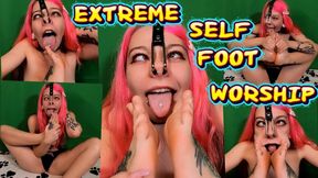 Extreme Self Foot Worship - Ahegao Slutty With Nose Hook Stuffs Toes in Her Mouth!