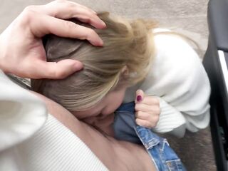 Charming woman gave a public oral-sex to a stranger in the parking lot