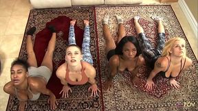 Four girls are exercising in the living room and when they get sweaty the lesbian masturbation starts