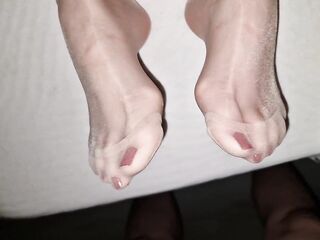 Cum on wife's fastened up nylon feet - red polish pedicure