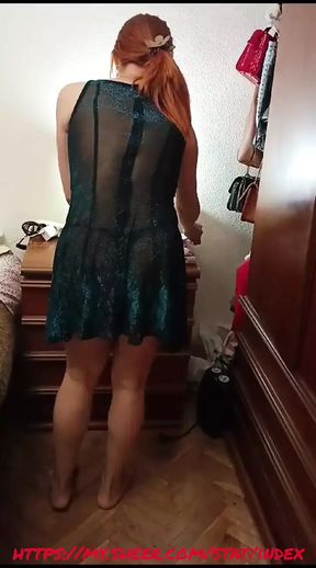 My stepmom gives me a terrible blowjob in a sheer short dress