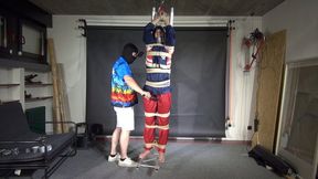 Myxxxy bound, gagged and suspended in shiny nylon Rainwear