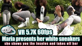 VR 3D 5,7K 180 60 fps | Maria presents her white sneakers, which she wears with nylons She shows you the insoles takes off her nylons and puts her cheesy feet in your face