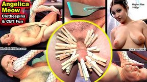 CBT Clothespin Fun with Miss Angelica Meow -1080P This good slave boy has 20 clothespins put on his cock and balls and has his nuts kicked in by this sexy Mistress!