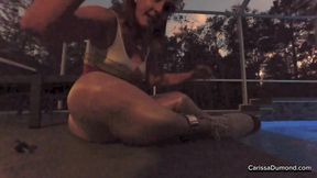 WW Carissa workout with shiny pantyhose, Keds, and ankle cuffs in the pool