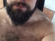Big hairy bear horny after workout blows a banana and touching nipples