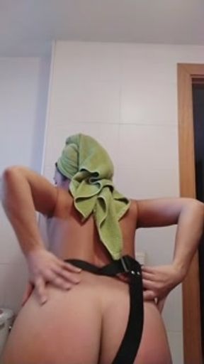 Bad babysitter masturbates before entering the shower with toy cock