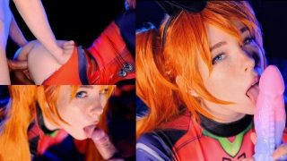 Con đĩ nóng bỏng Asuka Langley của cosplayer âm hộ nhỏ giọt với kiêm sau khi chết tiệt thô