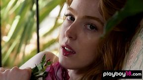 Long legged babe Erna Ohara stripping and washing her hairy redhead pussy