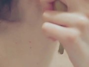 Teen whore with horny nipples sucks banana and condom