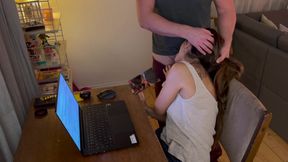 Busy wife working from home gets interrupted by horny husband and ends up getting a facial as reward