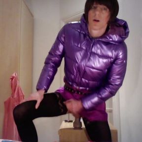 jess silk riding dildo in purple satin dress and shiny purple jacket wth short wig