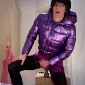 jess silk riding dildo in purple satin dress and shiny purple jacket wth short wig