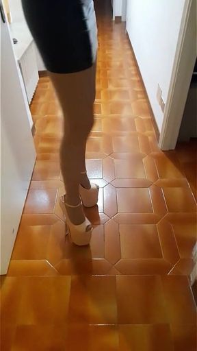 MILF with Extreme High Heels and Pantyhose Walking