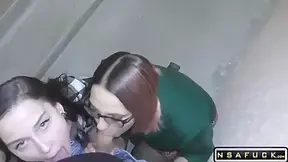 Amateur Threesome And Blowjob In Front Of The Entrance