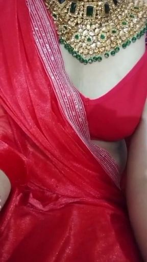Indian Gay Crossdresser Bottom Gaurisissy Real XXX Homemade Sex in Red Saree with Heavy Jwellery