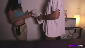 Sexy Chubby MILF masseuse gives thorough suck and cums on him