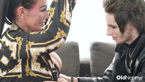 Inked Mature With Big Tits Gives Blowjob To Emo Stud