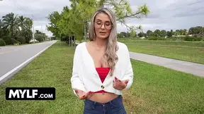 Busty Brunette Mandy Rhea shows off her curves and gets a surprise blowjob