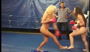 catfight com  Topless female boxing as blonde battles brunette with body punches kidney punches and breast punches