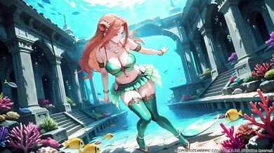 Red-haired Mermaid Princess in Green Bikini Dripping Wet Underwater Palace