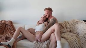 Sophisticated brunette enthusiastically shows her boyfriend some love while watching TV!