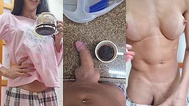 Paloma Veiga acordando com tesão de pau duro no café da manhã e gozando bem forte
