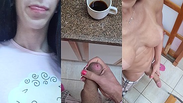 Paloma Veiga acordando com tesão de pau duro no café da manhã e gozando bem forte