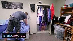Tiny Petite Brunette Sneaks Into Football Player's Dorm Room