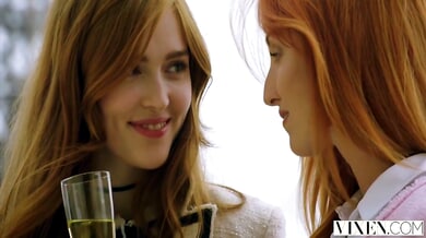 Two redheads reunite on vacation and welcome her partner for a steamy threesome