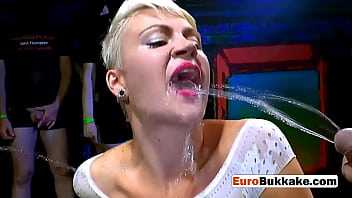 Short haired beauty gets pissed and drilled hard by group of men