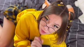 Sweet teen blows cock, fucks and gives footjob for happy ending