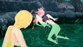 Yae Miko and Raiden Shogun wreck Traveler in private onsen threesome HD