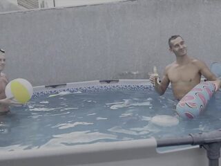 A pool party turned into a coarse 3-stud banging of a Russian student.