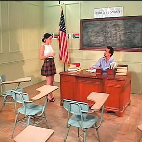 Hot ass chick on desk gets cum after hot fucking from teacher dude