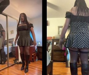 Black Babe Danae in a Short Polka Dot Dress Fucking Her Dildo