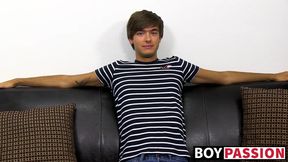 Young dude with bangs pleases himself after the interview