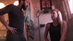 During the party, the stepfather is in the restroom tending to his stepdaughter, who feels bad