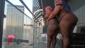 Ebony Lesbian Femdom Outdoors - big ass BBW babes toying on the balcony