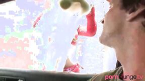 Titty brunette washes car before sucking