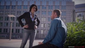 hung ian scott pounds his boss eloa lombard s big butt hard after she catches him watching porn. facial & cum swallow