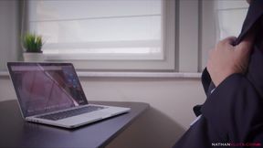 hung ian scott pounds his boss eloa lombard s big butt hard after she catches him watching porn. facial & cum swallow