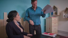 hung ian scott pounds his boss eloa lombard s big butt hard after she catches him watching porn. facial & cum swallow