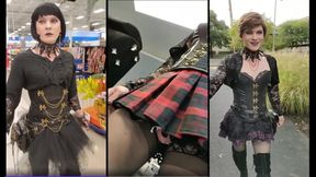 Gothic Sissy Tranny Walking In Public with Dick Exposed Under Skirt and Butt Plug