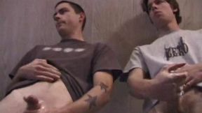 In this hot dual jerk off scene, Dan and Jayden get naked and start beating off over a glass table. The camera is positioned underneath the glass, capturing all the stroking action, and cum that shoots from their cocks.