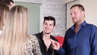 Two hot blondes are fucking with three stallions in this fivesome
