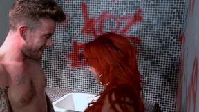 Busty redhead babe gets pounded hard by his big cock in the bathroom